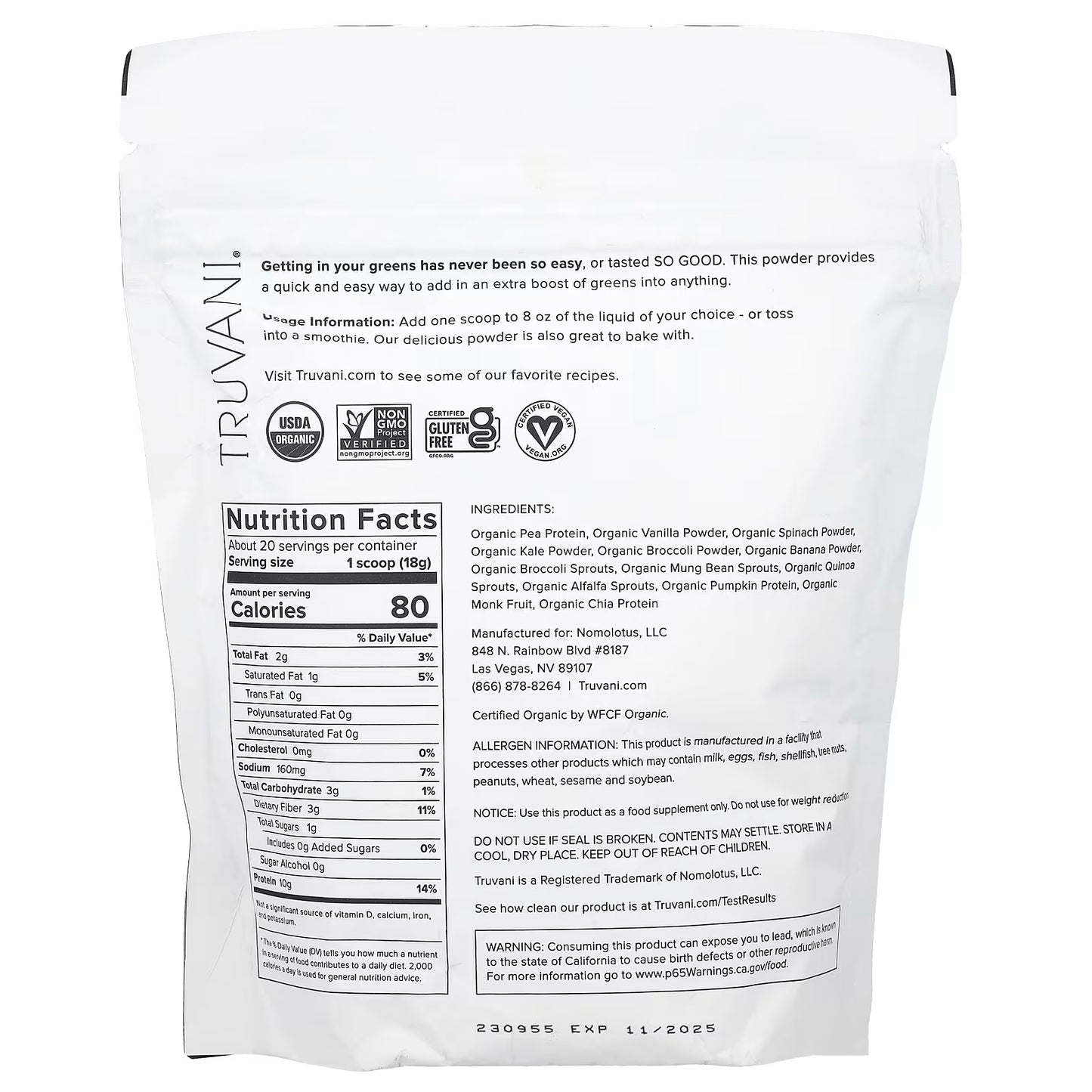 Truvani PLANT BASED PROTEIN + GREENS 12.59OZ