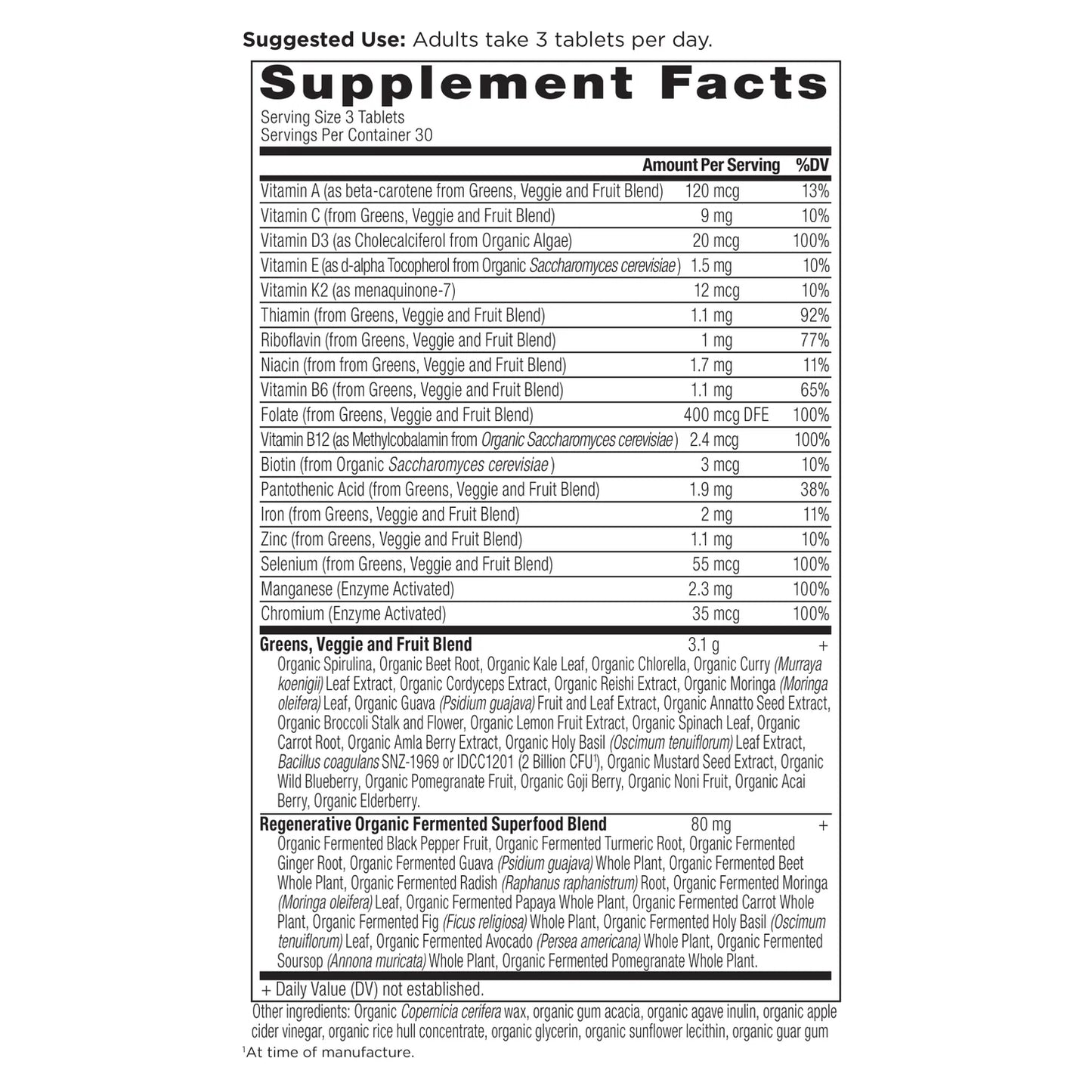 Ancient Nutrition ORGANIC SUPER GREENS +MULTIVITAMIN - 90 Tablets