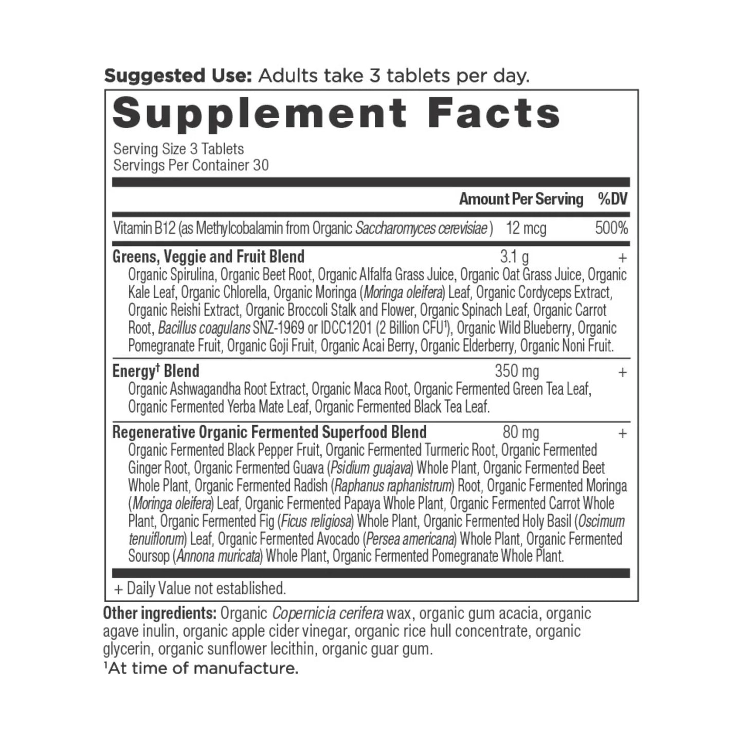 Ancient Nutrition ORGANIC SUPER GREENS ENERGIZER - 90 Tablets