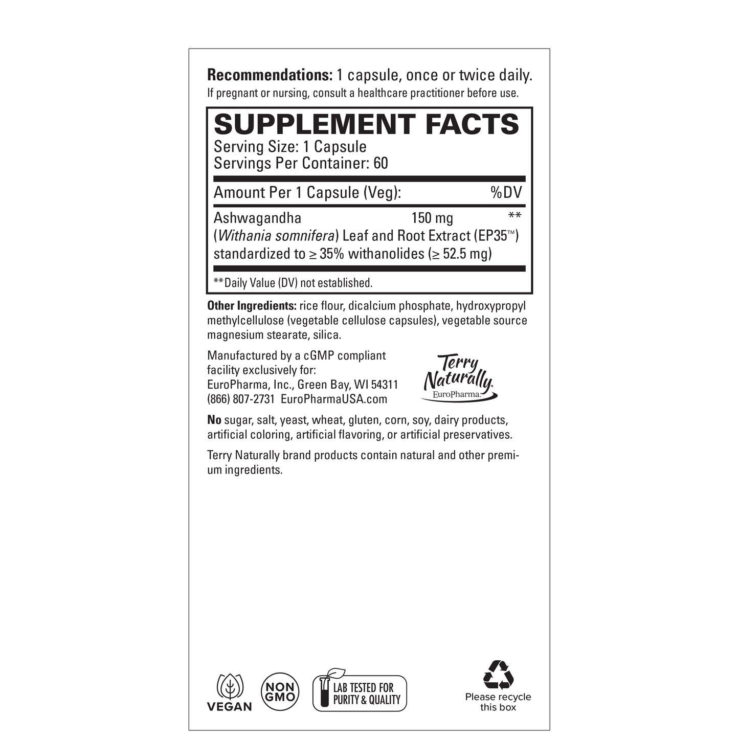 Terry Naturally ASHWAGANDHA EP35 Extra Strength - 60 Capsules