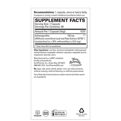 Terry Naturally ASHWAGANDHA EP35 Extra Strength - 60 Capsules