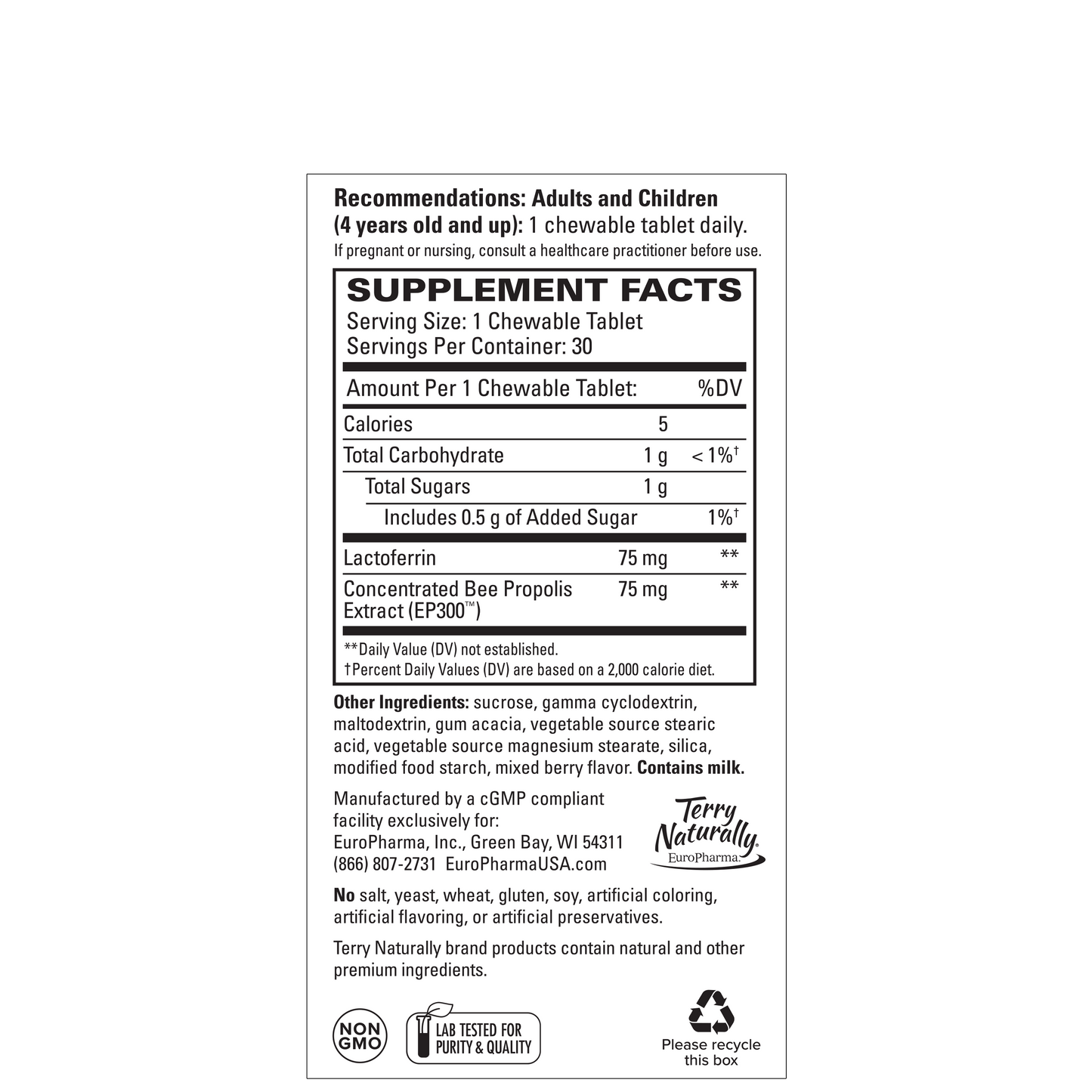 Terry Naturally LACTOFERRIN - 30 Chewable Tablets