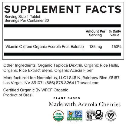 Truvani VITAMIN C From Organic Acerola Cherries 30 Tablets